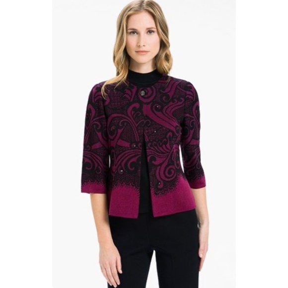 MING WANG Embellished Abstract Cardigan Sweater Jacket...